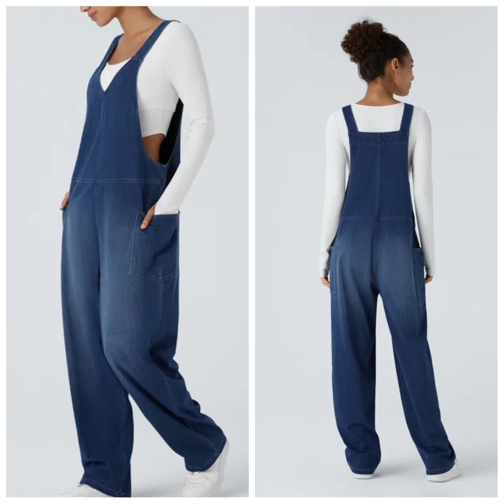 Halara Flex Washed Denim V-Neck Pocket Overalls Women’s | Small | NWT
